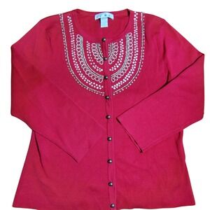 WDNY Women's Red Beaded‎ Embellished Cardigan Sweater L Knit Top
